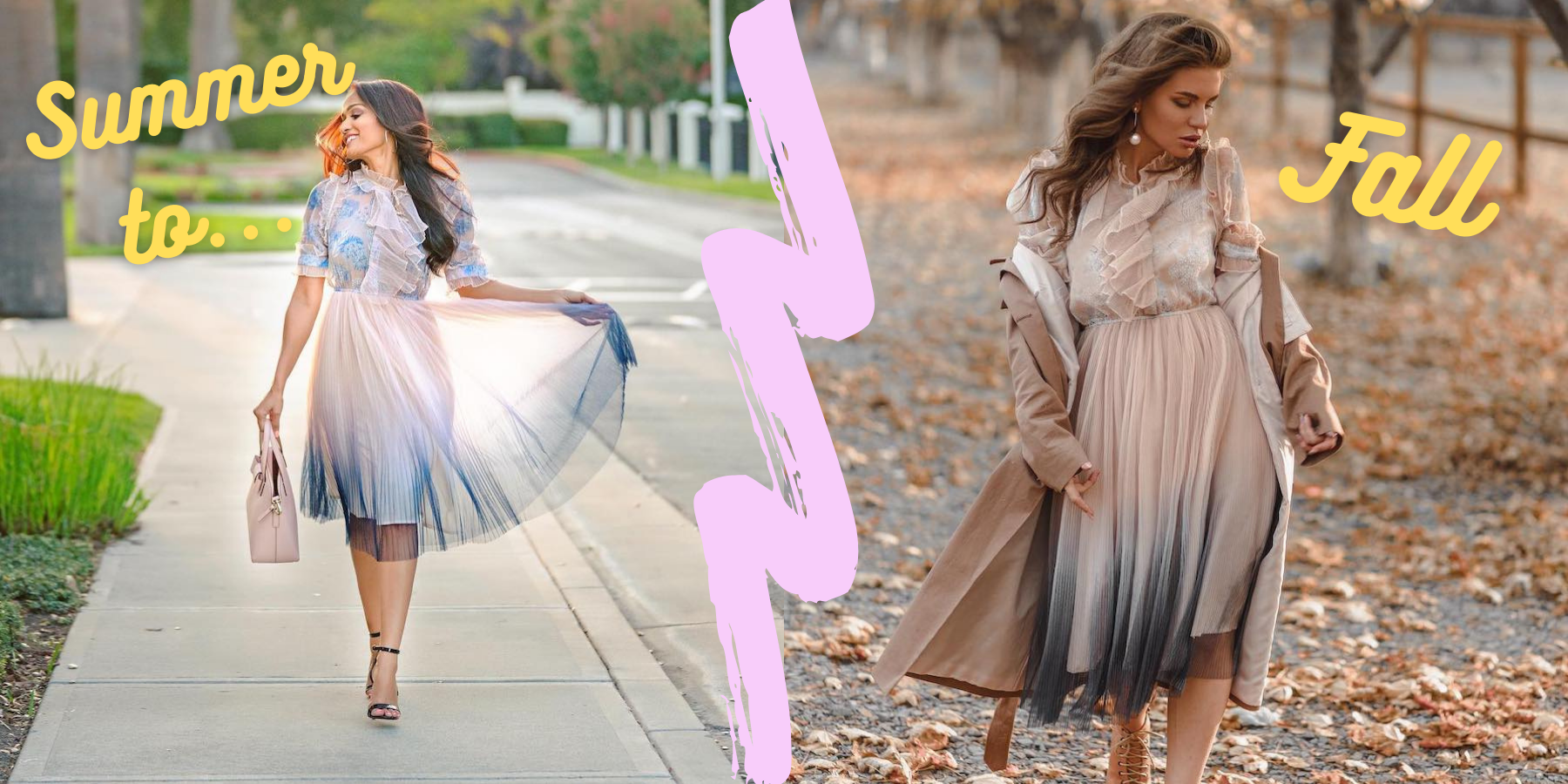 photo on left shows a woma nwearing a tulle dress with a nude to navy gradient and right shows woman wearing the same dress with boots and a coat over it