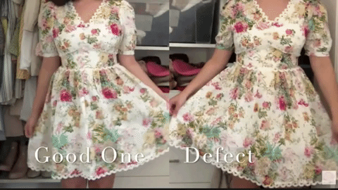 left side shows a dress with a floral print, v-neck, skater silhoeutte, and thigh-length with no defect, right side shows defect which is a white space where the floral print should continue and a weird hemline