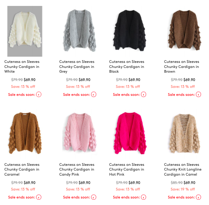 screenshot of the bell sleeved open front chunky knit sweater with pom pom balls on it in different coors including beige, brown, hot pink, white, blue, and black