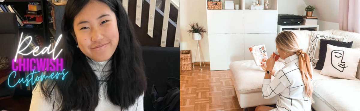 left side is a chicwish customer smiling and wearing a turtleneck dress and right is a chicwish blogger wearing the same dress while sitting on the floor in her living room