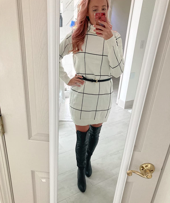 amazon white and black grid print sweater dress on amazon