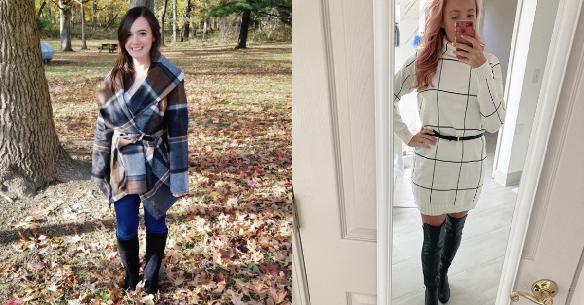 left side is a reviewer wearing a grid print wrap coat and right is a reviewer wearing a sweater dress that's white and black