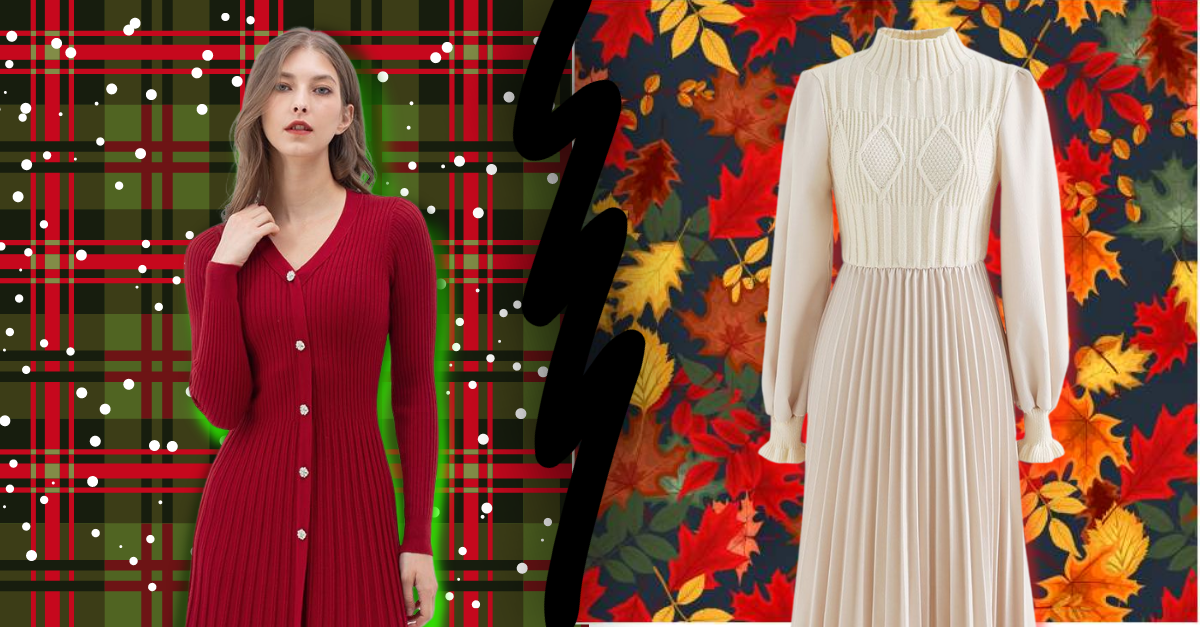 two warm dresses with one on the left being a red long-sleeved knit dress and the one on the right being a beige long-sleeved knit dress