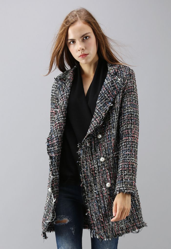 model wearing tweed open-front blazer-style jacket that got a lot of reviews