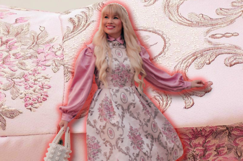 lizzie in lace blogger wearing light pink floral dress with light pink bell sleeve blouse and with shopping cart illustrations all aorund