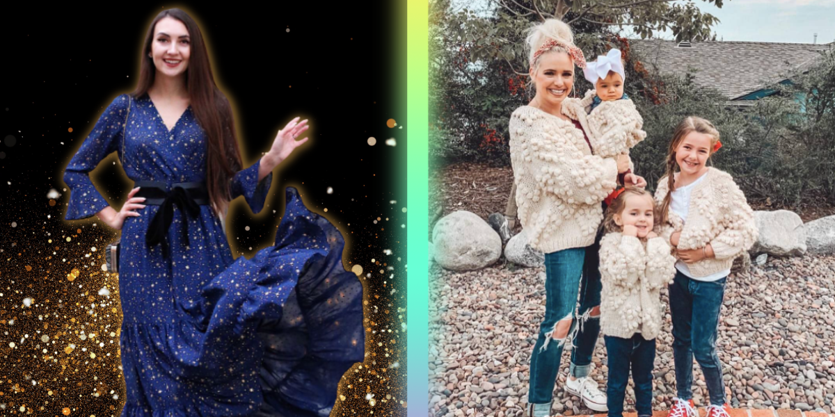 left side is a model wearing a star print dress and right side is a family of four wearing sweaters