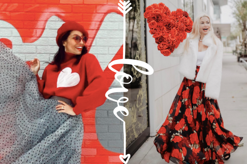 Valentine's Day collage with a woman in a red sweater with a white heart on the left and a woman with a red rose floral maxi skirt on the right