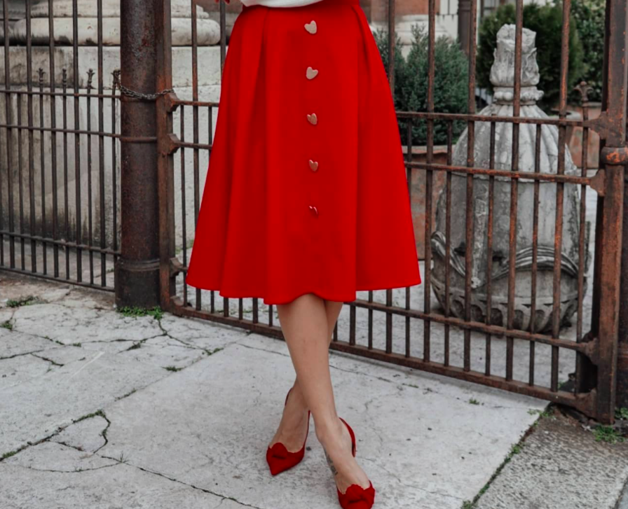 red a-line skirt with heart-shaped buttons that's great for Valentine's Day